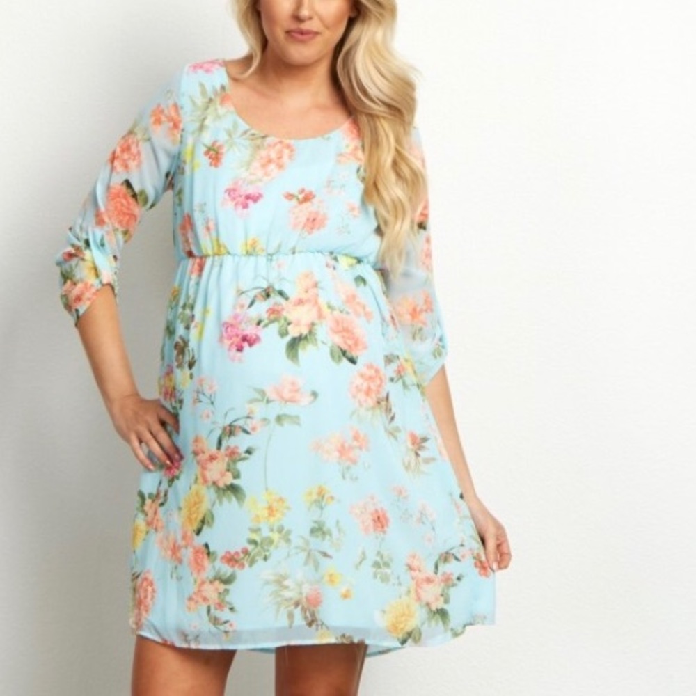 pink blush light blue floral 3/4 sleeve maternity dress